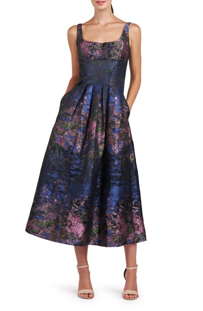 Shop Kay Unger June Floral Jacquard Cocktail Midi Dress In Dark Navy