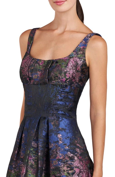 Shop Kay Unger June Floral Jacquard Cocktail Midi Dress In Dark Navy