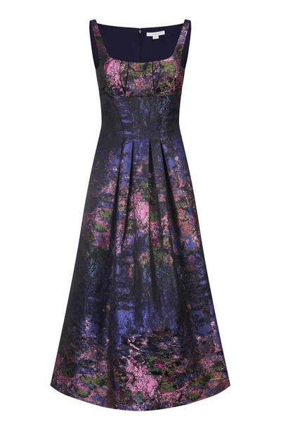 Shop Kay Unger June Floral Jacquard Cocktail Midi Dress In Dark Navy