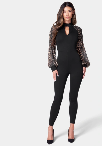 Shop Bebe Printed Puff Sleeve Catsuit In Black,leopard