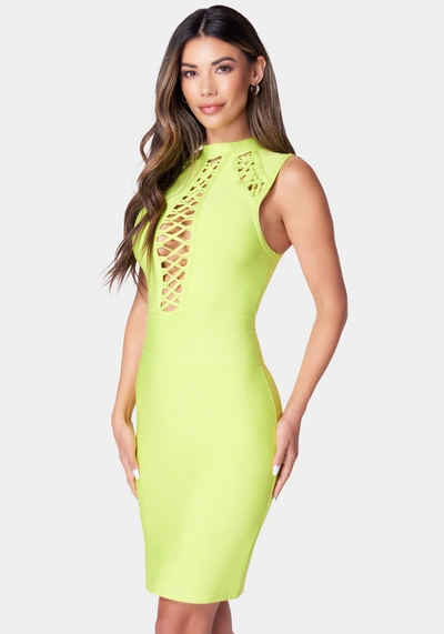 Bebe Lace Up Bandage Dress In Acid Lime