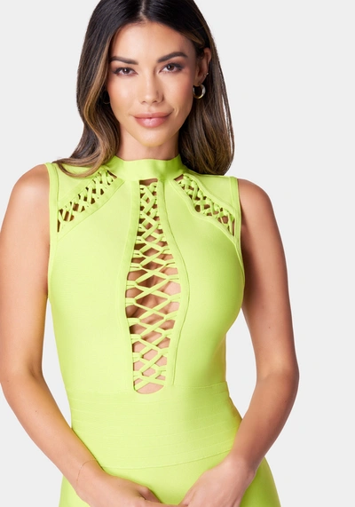 Bebe Lace Up Bandage Dress In Acid Lime