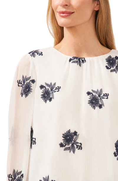 Cece Floral Embroidered Ruffle Cuff Georgette Top In New Ivory
