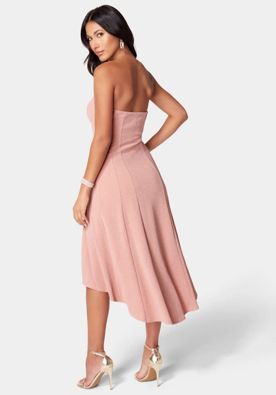 Shop Bebe Strapless Midi Flare Dress In Rose