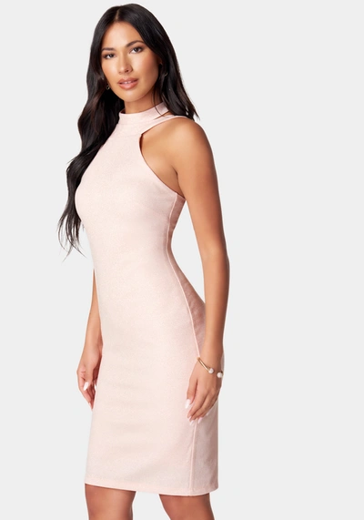 Bebe Halter Neck Shimmer Dress In Blush