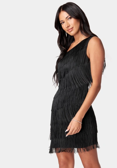 Bebe Asymetrical Tiered Fringe Dress In Black