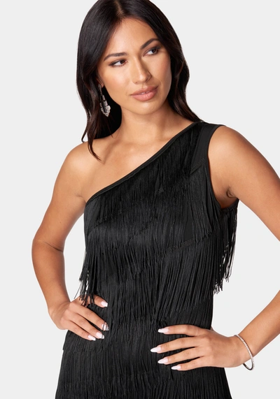 Bebe Asymetrical Tiered Fringe Dress In Black
