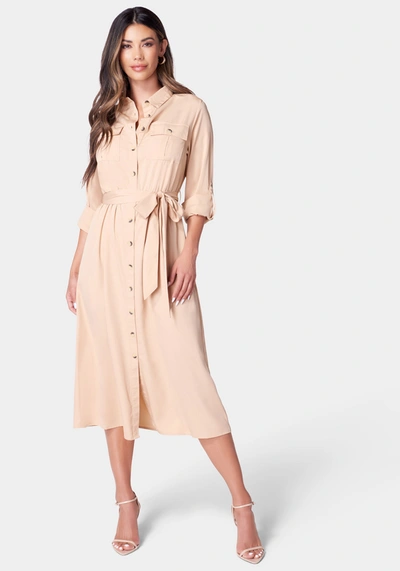Shop Bebe Poly Crepe Button Dress In Taupe