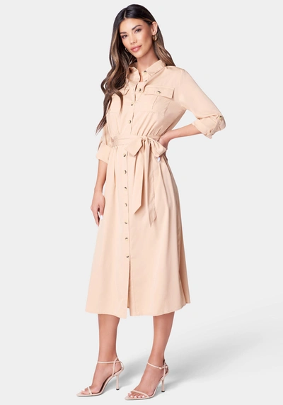 Shop Bebe Poly Crepe Button Dress In Taupe