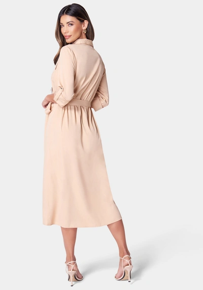 Shop Bebe Poly Crepe Button Dress In Taupe