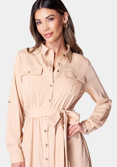 Shop Bebe Poly Crepe Button Dress In Taupe