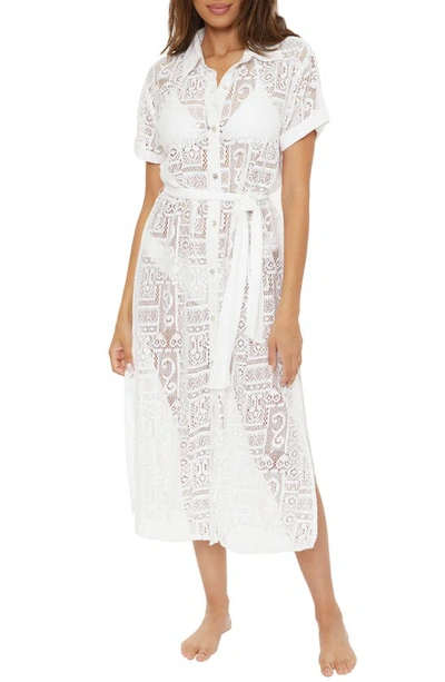 Shop Becca Sheer Lace Cover-up Shirtdress In White