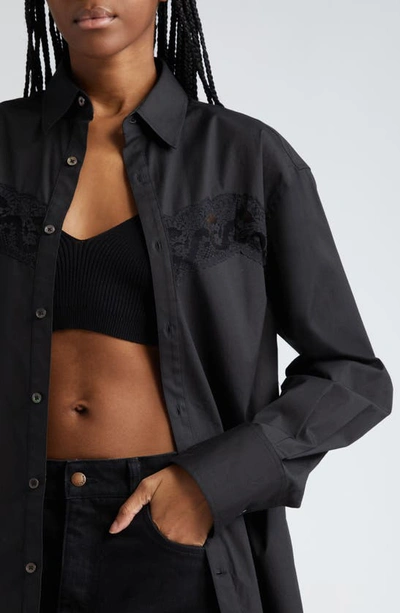 Shop Monse Lace Inset Cotton Blend Button-up Shirt In Black