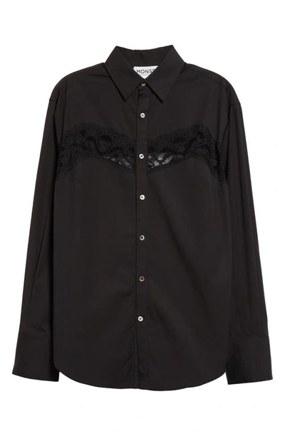 Shop Monse Lace Inset Cotton Blend Button-up Shirt In Black