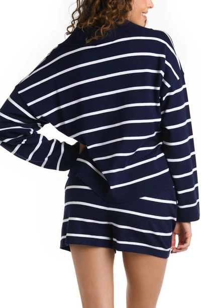 La Blanca Striped Open-collar Sweater In Indigo