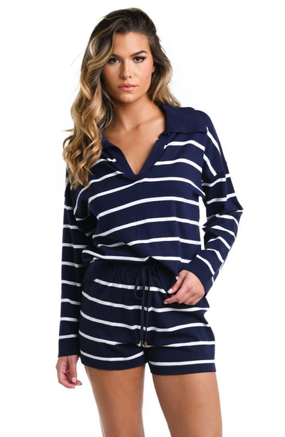 La Blanca Striped Open-collar Sweater In Indigo