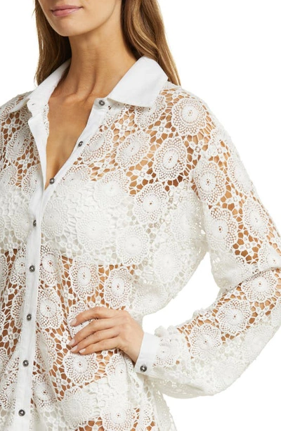 Shop Ramy Brook Gary Long Sleeve Sheer Lace Cover-up Shirtdress In White Lace