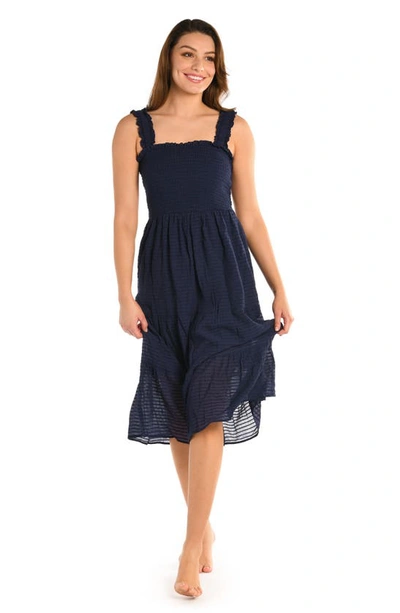 La Blanca Shadow Smocked Bodice Cover-up Sundress In Indigo