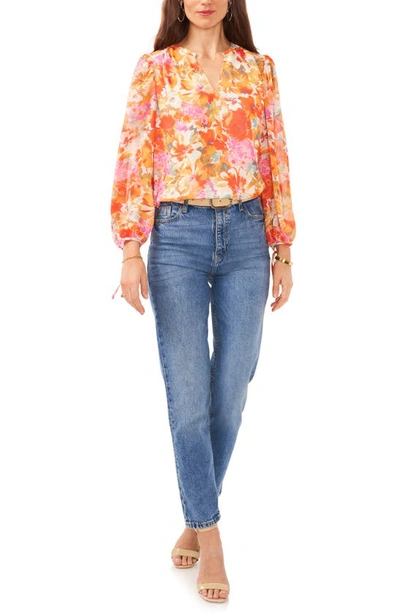Shop Vince Camuto Floral Print Ruffle Top In Ivory/ Tulip Red/ Orange