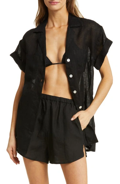 Shop Vitamin A Playa Pocket Linen Cover-up Button-up Shirt In Black Eco Linen