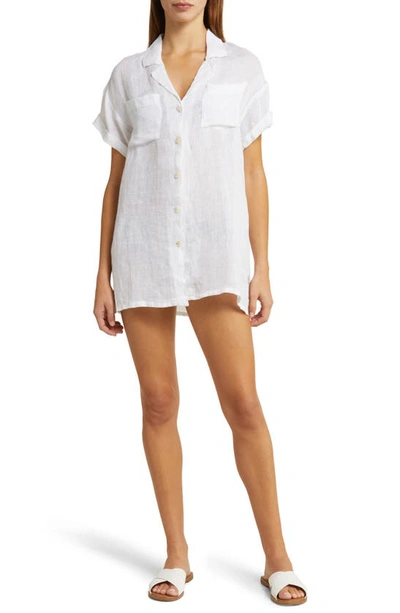 Shop Vitamin A Playa Pocket Linen Cover-up Button-up Shirt In White Ecolinen