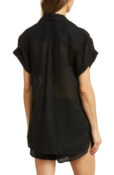 Shop Vitamin A Playa Pocket Linen Cover-up Button-up Shirt In Black Eco Linen