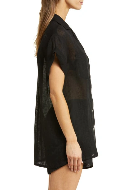 Shop Vitamin A Playa Pocket Linen Cover-up Button-up Shirt In Black Eco Linen