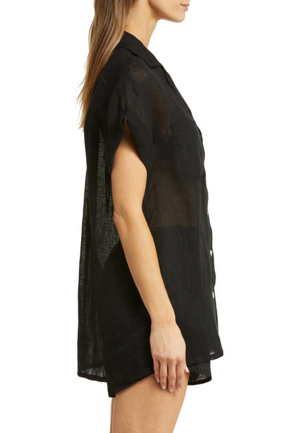Vitamin A Playa Pocket Linen Cover-up Button-up Shirt In Black Eco Linen