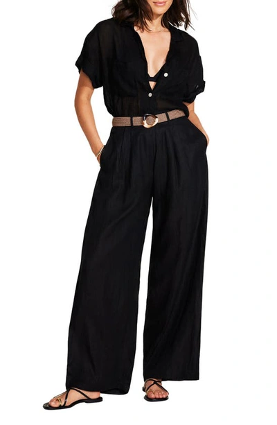 Vitamin A Playa Pocket Linen Cover-up Button-up Shirt In Black Eco Linen