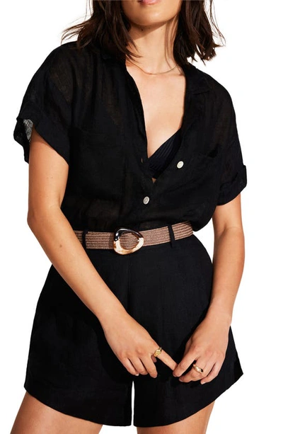 Shop Vitamin A Playa Pocket Linen Cover-up Button-up Shirt In Black Eco Linen