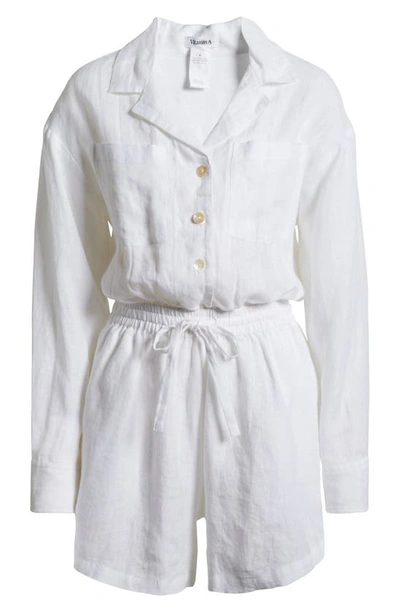 Shop Vitamin A Getaway Long Sleeve Linen Cover-up Romper In White Eco Linen