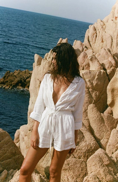 Shop Vitamin A Getaway Long Sleeve Linen Cover-up Romper In White Eco Linen