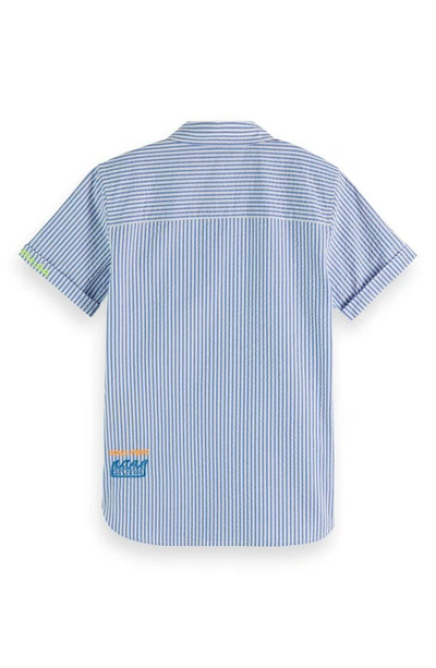 Shop Scotch & Soda Kids' Stripe Embroidered Short Sleeve Cotton Button-up Shirt In 7187 Blue White