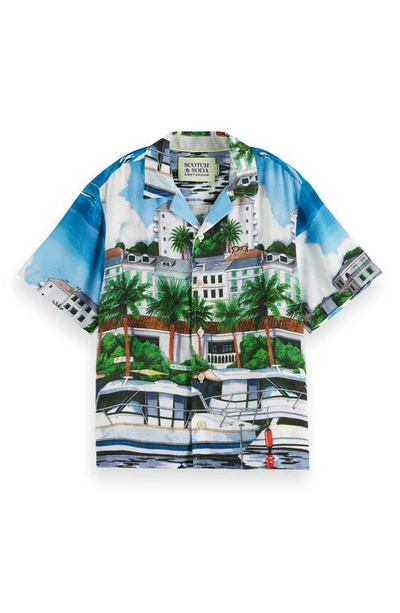 Shop Scotch & Soda Kids' Marina Print Short Sleeve Button-up Shirt In Blue Scenery