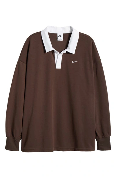 Shop Nike Sportswear Essentials Oversize Long Sleeve Polo In Baroque Brown/ White