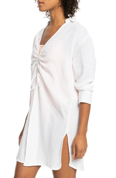 Shop Roxy Sun & Limonade Ruched Long Sleeve Cotton Cover-up Tunic In Bright White