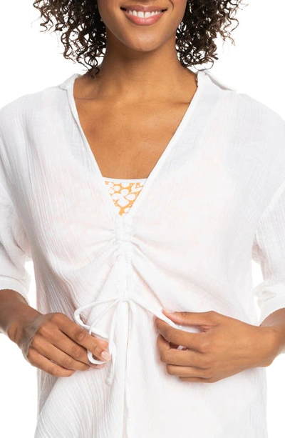 Shop Roxy Sun & Limonade Ruched Long Sleeve Cotton Cover-up Tunic In Bright White