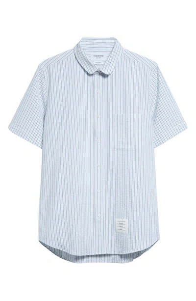 Shop Thom Browne Straight Fit Stripe Cotton Seersucker Button-up Shirt In Light Blue