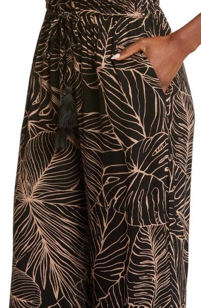 Shop Elan Frond Print Strapless Wide Leg Cover-up Jumpsuit In Black/ Nat Tropics