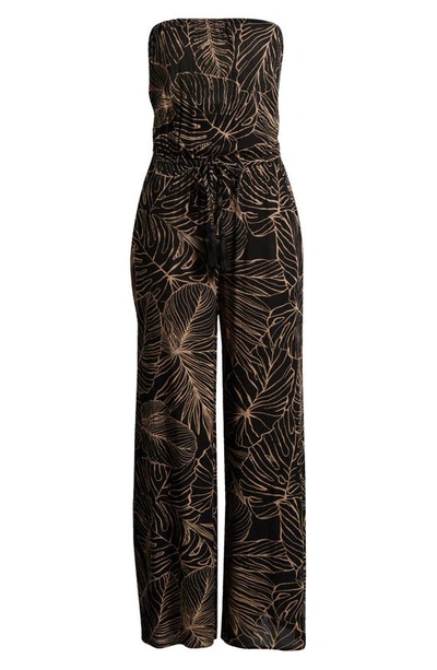 Shop Elan Frond Print Strapless Wide Leg Cover-up Jumpsuit In Black/ Nat Tropics