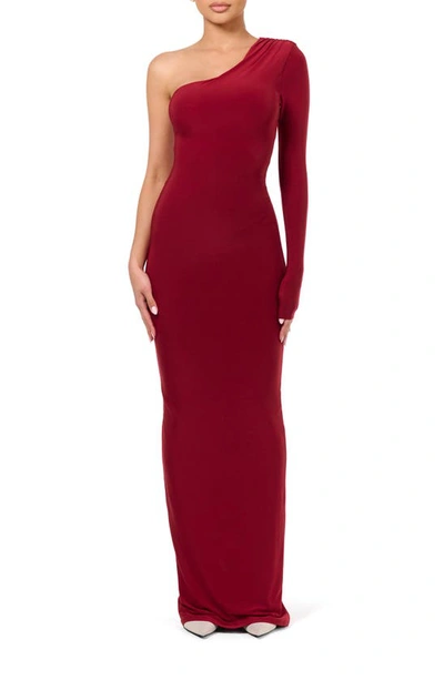 Shop Naked Wardrobe Hourglass Cutout One-shoulder Long Sleeve Dress In Dark Red