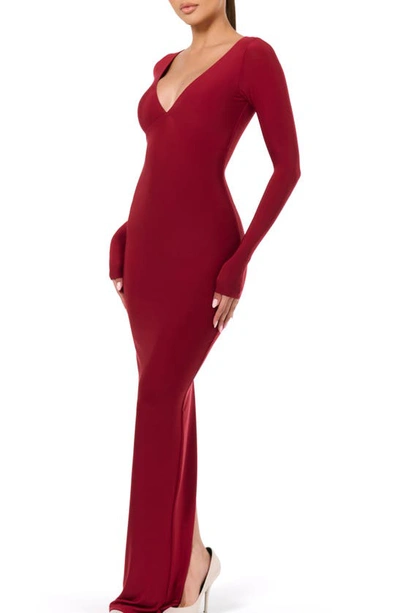 Shop Naked Wardrobe Hourglass V-neck Long Sleeve Column Dress In Dark Red