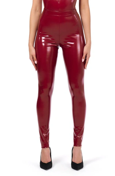 Shop Naked Wardrobe High Waist Faux Leather Leggings In Dark Red