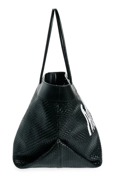 Shop Moschino Logo Woven Leather Shopper Tote In A2555 Fantasy Print Black