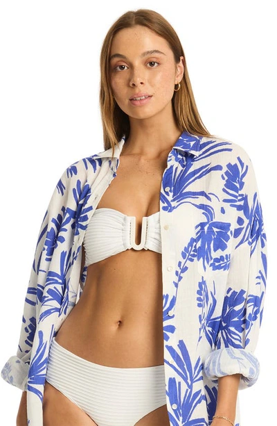 Shop Sea Level Tradewind Cover-up Shirt In Cobalt