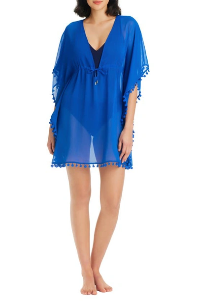 Shop Bleu By Rod Beattie Gypset Pompom Sheer Cover-up Caftan In Azure