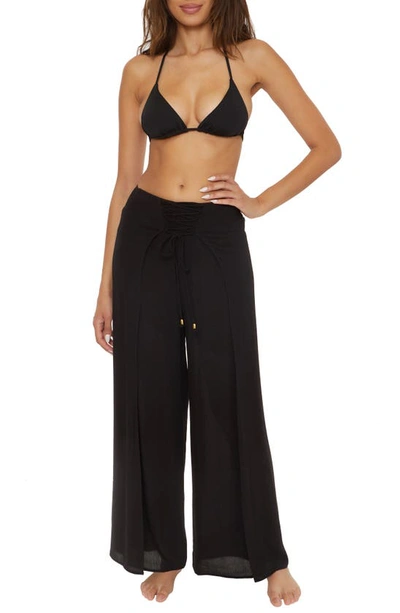 Shop Becca Ponza Lace-up Wide Leg Cover-up Pants In Black