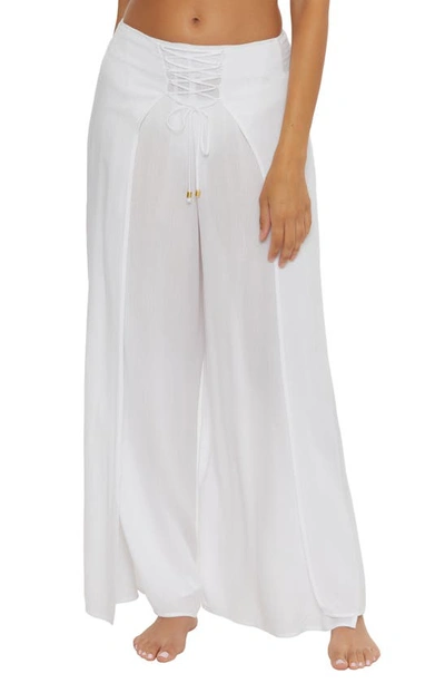 Shop Becca Ponza Lace-up Wide Leg Cover-up Pants In White
