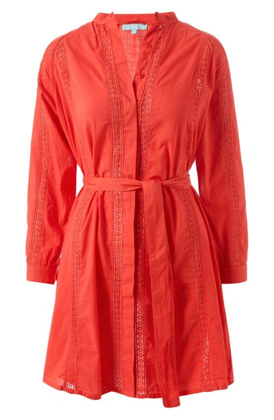 Shop Melissa Odabash Emily Lace Inset Long Sleeve Cotton Shirtdress In Apricot