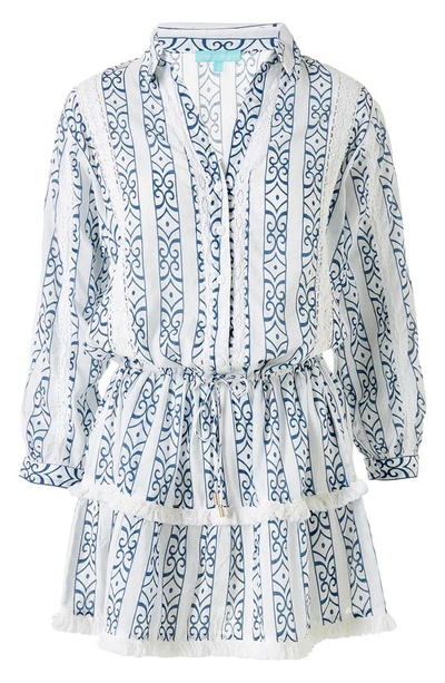 Shop Melissa Odabash Sophia Long Sleeve Cotton Cover-up Shirtdress In Aztec Stripe